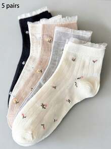 5 Pairs Women's Short Socks, Ditsy Floral White & Black Casual Socks, Minimalist & Comfortable, Suitable For All Seasons - Multicolor - View 1