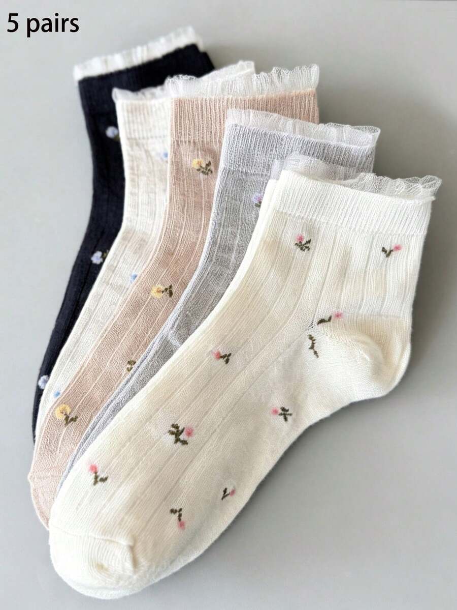 5 Pairs Women's Short Socks, Ditsy Floral White & Black Casual Socks, Minimalist & Comfortable, Suitable For All Seasons - Multicolor - View 1