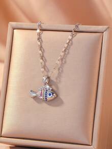 1pc Fashion Vintage Colorful Zirconia Small Fish Pendant Women's Necklace, Gold And Silver Dual-Tone Lightweight Luxury Niche Collarbone Chain, Suitable For Daily Wear, Holiday, Anniversary, Birthday Gift For Girlfriend - Multicolor - View 6