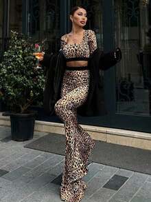 Women's Printed Long-sleeve Bell-bottom Pants Two-piece Set, New Autumn Fashion Casual Outfit - Marrón - Ver 3