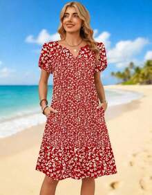 ,Flower Dress Women,2026 Women's Summer Casual Floral V-Neck A-Line T-Shirt Mini Dress Short Sleeve With Pockets Beach Sundress,Casual Summer Dress, Summer Casual Dress, Holiday Choice - 彩色 - 查看 9
