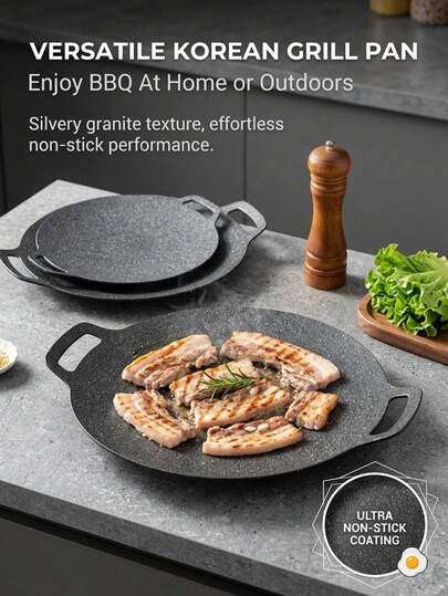 Frigideira Multiuso para Churrasco Coreano Antiaderente - Panela Redonda de Ferro Fundido Antiaderente com 2 Alças de Madeira, Adequada para Cozinha Interna e Externa, Compatível com Cooktop de Indução e Fogão a Gás, Fácil de Limpar, Ótima para Fritar Ovos e Bife, Ideal para Cozinha e Jantar Domésticos