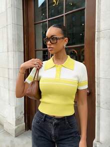 Suéter de punto de manga corta con cuello polo, diseño de bloques de color amarillo & blanco, estilo Y2K, primavera/verano, ajuste ceñido, adecuado para citas, ir al trabajo y viajar - Amarillo verdoso y blanco roto - Ver 7