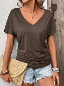 Camiseta casual de manga corta para mujer con cuello en V y unicolor para verano - Café integral - Ver 5