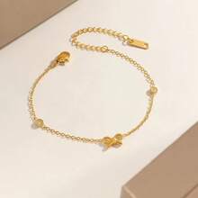 1pc Elegant Minimalist Stainless Steel Chain Bracelet With Bowknot Design And Glass Decor, Suitable For Women's Daily Wear, Work Commute Or Vacation - Yellow Gold - View 8