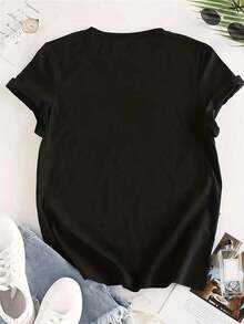 Mother's Day Gift For Women, Graphic Print T-Shirt For Valentine's Day, Crew Neck T-Shirt, Casual Short Sleeve Top For Spring And Summer, Women's Clothing, Loose And Comfortable T-Shirt, Summer Outfits For Women - 黑色 - 查看 4
