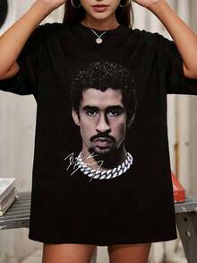 Hip Hop Artist Vintage Bootleg Portrait With Signature Oversized Black Graphic T-Shirt - Black - View 1
