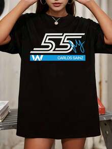 C-CarlosS S-SainzS 55  Driver Signature Graphic Oversized Black T-Shirt - Black - View 6