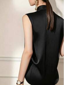Women's Solid Color Front Button Ribbed Sleeveless Office Blouse Summer Black - Black - View 2