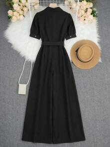 Elegant Women Wide Leg Jumpsuit With Puff Sleeve, Lapel, Button And Belt Design Black Summer - Black - View 6