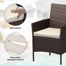 Juego de Muebles de Patio de 3 Piezas, Muebles de Ratán para Exteriores con 2 Sillas Acolchadas y Mesa de Centro, Conjunto de Bistro para Jardín, Patio Trasero, Porche - Cojín marrón y beige - Ver 4