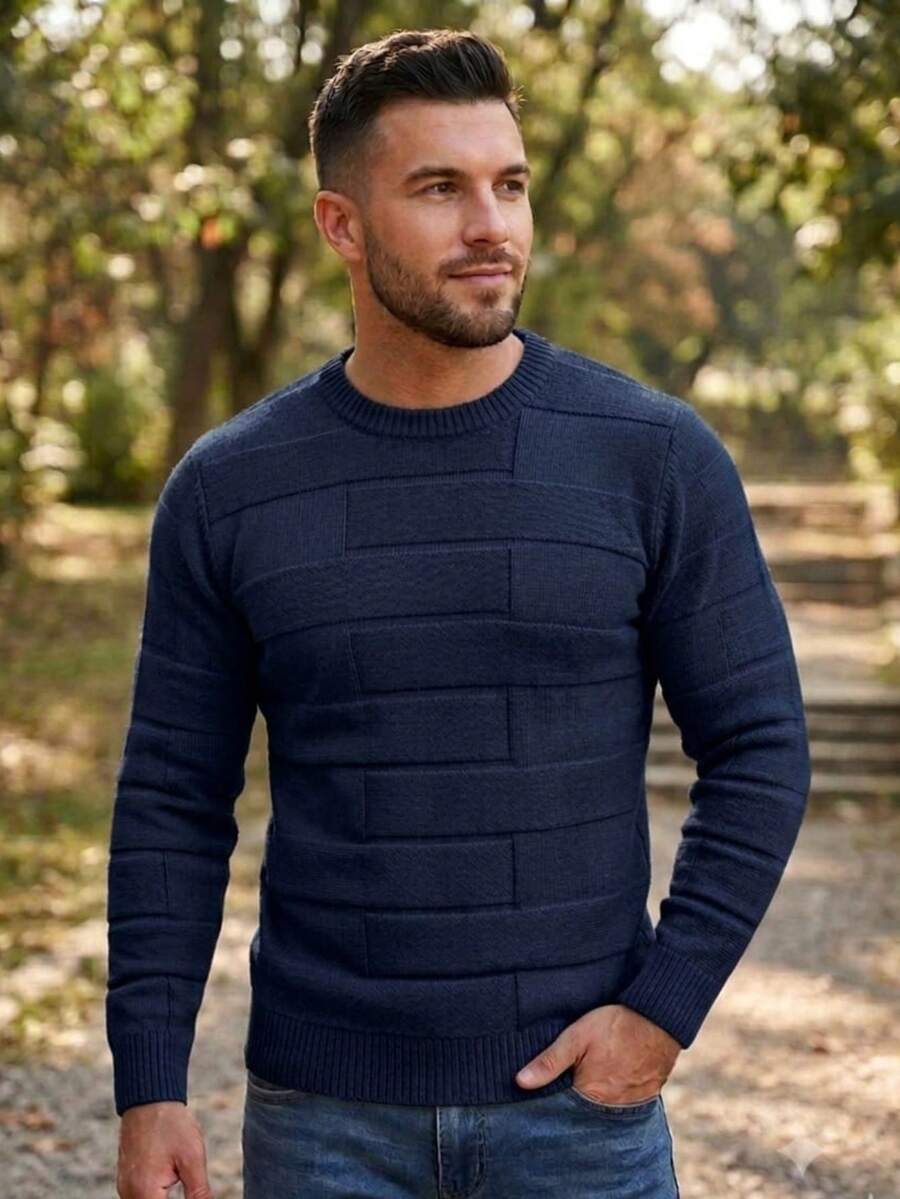 Men's Textured Knit Sweater, Winter Long Sleeve Blouse, Round Neck, Modern Knit - 藏蓝色 - 查看 1