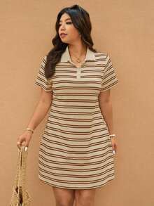 Elaquor Vestido de manga corta con cuello a rayas talla para mujer, nuevo vestido casual para mujer para picnic, vestido casual de negocios para mujer de talla - Albaricoque - Ver 8