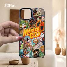Nueva funda para teléfono con ilustración artística 2D estilo Ciudad de México, de alta gama, sencilla, moderna y creativa, resistente al amarilleo y al desgaste, con impresión UV para iPhone serie 17, 16, 15, 14, 13, 12, 11 Pro Max Plus Pro Air E. Perfecta como regalo para novio o novia en la Copa del Mundo, Pascua, Carnaval, Día de San Valentín o cumpleaños. [Desarrollo Personalizado 0412] - Negro - Ver 5