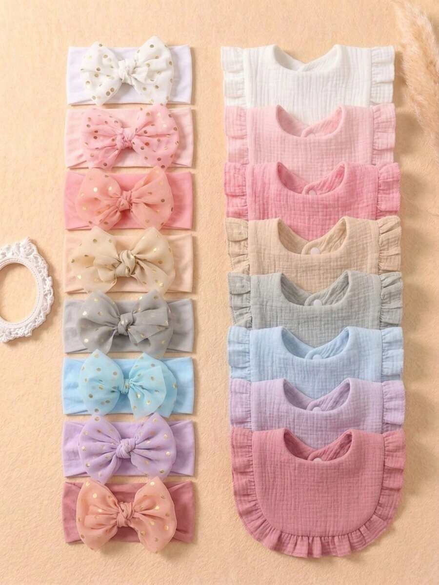 16件組新生兒糖果色荷葉邊圍兜，柔軟彈性糖果色蝴蝶結髮帶，可愛公主日常配件，適合日常穿搭 - 彩色 - 查看 1