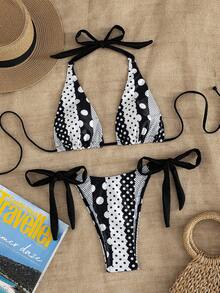 Bộ 2 món đồ bơi bikini nữ mới, áo camisole phối chấm bi đen trắng + quần tam giác buộc dây bên hông, đồ bơi đi biển mùa hè dễ thương cho kỳ nghỉ - Đen và trắng - Xem 2