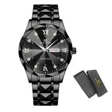 Men's Quartz Watch, Fashion Luxury Style, Diamond Scale, Dual Calendar, Stainless Steel Rivet, Luminous, Blue & Gold, Suitable For Work, Commute, Daily Wear, Business Events, Casual Sports - Black - View 9