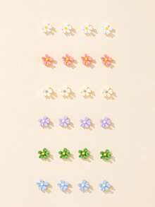 12 pares de pendientes de botón con flores pequeñas de 5 pétalos de colores múltiples con diseño refrescante, adecuados para vacaciones, viajes, regalo de joyería para mujeres - Multicolor - Ver 1