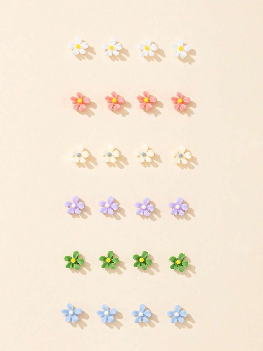 12 pares de pendientes de botón con flores pequeñas de 5 pétalos de colores múltiples con diseño refrescante, adecuados para vacaciones, viajes, regalo de joyería para mujeres - Multicolor - Ver 1