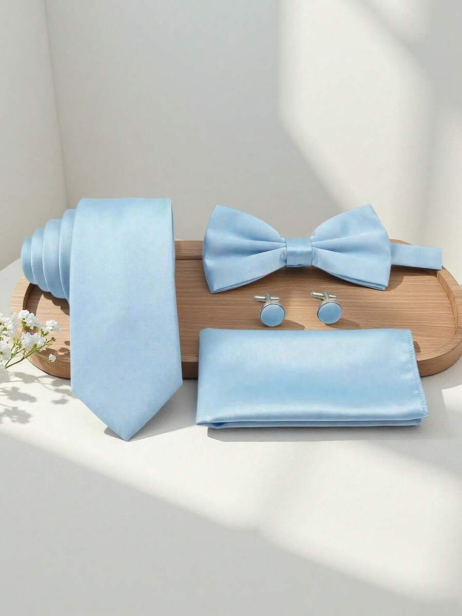 4pcs Men's Business Solid Color Polyester Tie & Bow Tie & Pocket Square & Cufflinks Combination Set, For Weddings - Baby Blue - View 1
