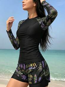 2-Piece/Women's Long-Sleeved Surf Set, Surf Suit, Wetsuit, Tropical Plant Print Raglan Sleeve Surf Top Set For Women, Women's Contrasting Tropical Print Long-Sleeved Rashguard Set For Summer Beach Vacation, Women's Surf Suit - 紫色 - 查看 1