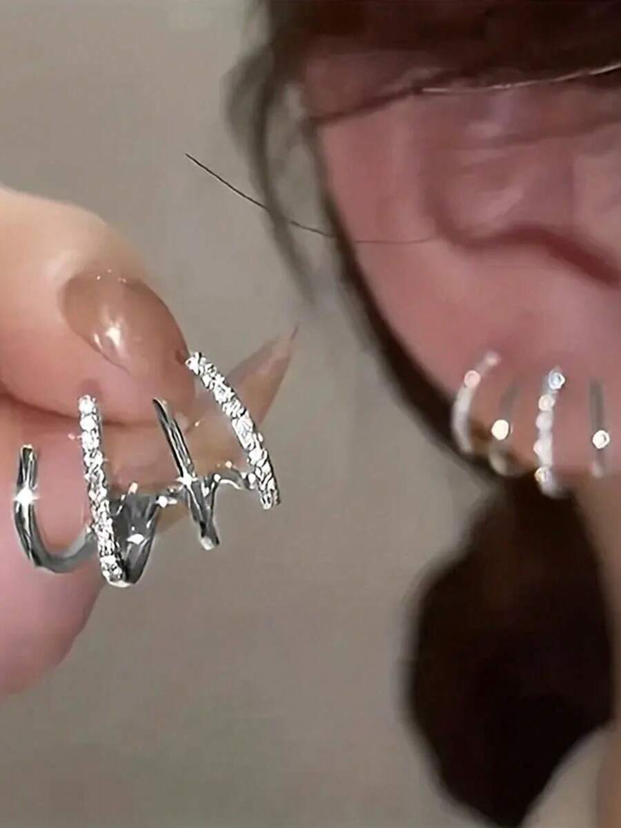 1 Pasang Anting Tusuk Emas & Perak, Anting Manset Telinga untuk Wanita - Perak - View 1