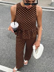 xheSiren Gaze Conjunto de 2 piezas elegante y casual con lunares para mujer, top sin mangas con espalda abierta y volantes en la peplum, pantalones de pierna ancha, conjunto de ropa de playa, fiesta y vacaciones, lunares marrones y blancos, conjuntos de verano para mujer, ropa de verano, conjuntos casuales para mujer, ropa de verano, conjuntos Y2Kxhe - Marrón - Ver 7