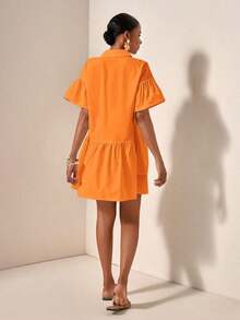 bfdbZivah Vestido de vacaciones de manga corta con volantes en el bajo y botones delanteros de unicolor, para veranosfb x WBBE - Naranja - Ver 2
