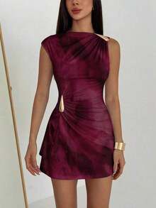 Vestido mini elegante para mujer con decoración metálica, mangas tipo paraguas fruncidas en amarillo claro, vestidos para mujer, verano - Blanco 3 - Ver 4