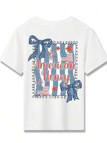 Camiseta de manga corta para niños American Honey con estampado de dibujos animados del 4 de julio, 180g, suave, cómoda y transpirable, adecuada para todas las estaciones, perfecta para niños y niñas para el uso diario, la escuela y ropa deportiva informal.Una camiseta de cuello redondo ideal para fiestas navideñas, reuniones, actividades al aire libre y viajes. - Bronce - Ver 3