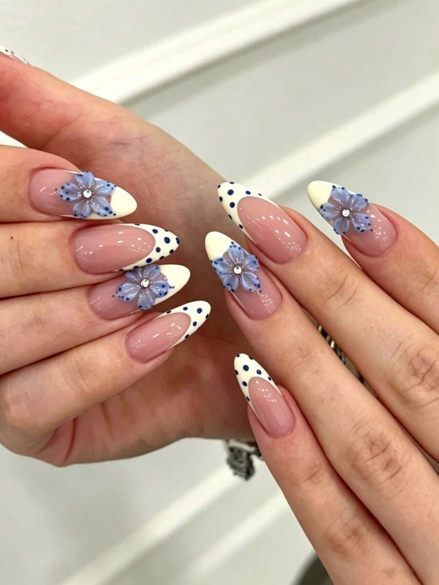 24pcs Almond-Shaped 3D Blue Embossed Floral Elegant French Tip Polka Dot Acrylic Press-On Nail Stickers, Create Fashionable Sweet French Style, Perfect Fit Easy To Wear, Suitable For Girls And Women For Daily, Holiday, Party Occasions Nails - Multicolor - View 1
