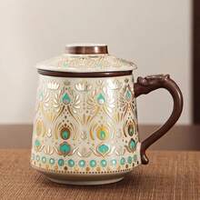 Elegant Ceramic Lotus Mug With Gold & Silver Lotus Pattern, Artistic Coffee Tea Cup With Matching Lid And Built-In Infuser Filter For Loose Leaf Tea, Herbal Drinks, Coffee, Milk & Hot Or Cold Beverages, Smooth Glazed Ceramic Mug Designed For Comfortable Grip And Easy Cleaning, Decorative Floral Lotus Drinkware For Home, Office Desk, Study Room, Reading Corner & Relaxing Tea Time Moments, Luxury Asian Inspired Ceramic Cup Combining Practical Everyday Use With Sophisticated Decorative Appeal, Multifunction Tea Mug With Lid Helps Retain Heat While Stainless Infuser Supports Tea Brewing Convenience, Stylish Lotus Pattern Mug Ideal For Morning Coffee, Afternoon Tea, Meditation Spaces, Wellness Routines & Elegant Table Decor, Durable Ceramic Drink Cup Suitable For Women, Tea Lovers, Coworkers, Friends & Gift Giving Occasions - Dunhuang - View 5