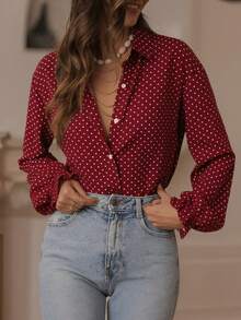 Women's Red Polka Dot Single-Breasted Lantern Sleeve Frill Trim Design Shirt - Red - View 4