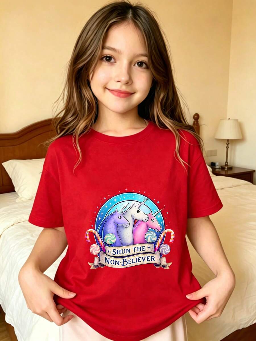 Unicorn Magic Wards Off The Nonbeliever Girls' T-Shirt - 紅色 - 查看 1