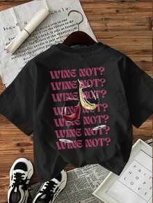 Top casual de verano para mujer con estampado de doble cara, camiseta moderna de manga corta y cuello redondo, estampado WINE NOT, LingK, conjunto de verano para mujer. - Negro - Ver 3