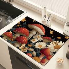 1pc Mushroom Pattern Printed Absorbent Dish Drying Mat, Dish Drying Mat, Espresso Machine Countertop Absorbent Mat, Sink Drain Mat, Soft Faucet Absorbent Mat, Sink Cup Mat, Kitchen Supplies, Bathroom Supplies - Multicolor - View 3