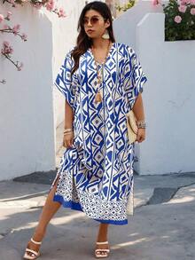 Weeklong Vestido holgado con cuello en V y mangas raglán con aplicaciones, adecuado para uso diario y vacaciones, tallas grandes para mujeres - Multicolor 6 - Ver 9