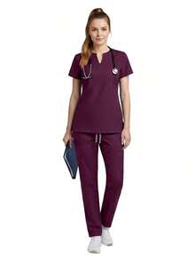 Set de 2 piezas Uniforme de enfermera para mujer, Parte superior + Pantalones con bolsillos, Ropa de trabajo para sala de cirugía, Ropa de trabajo para salón de belleza Primavera - Gris - Ver 11