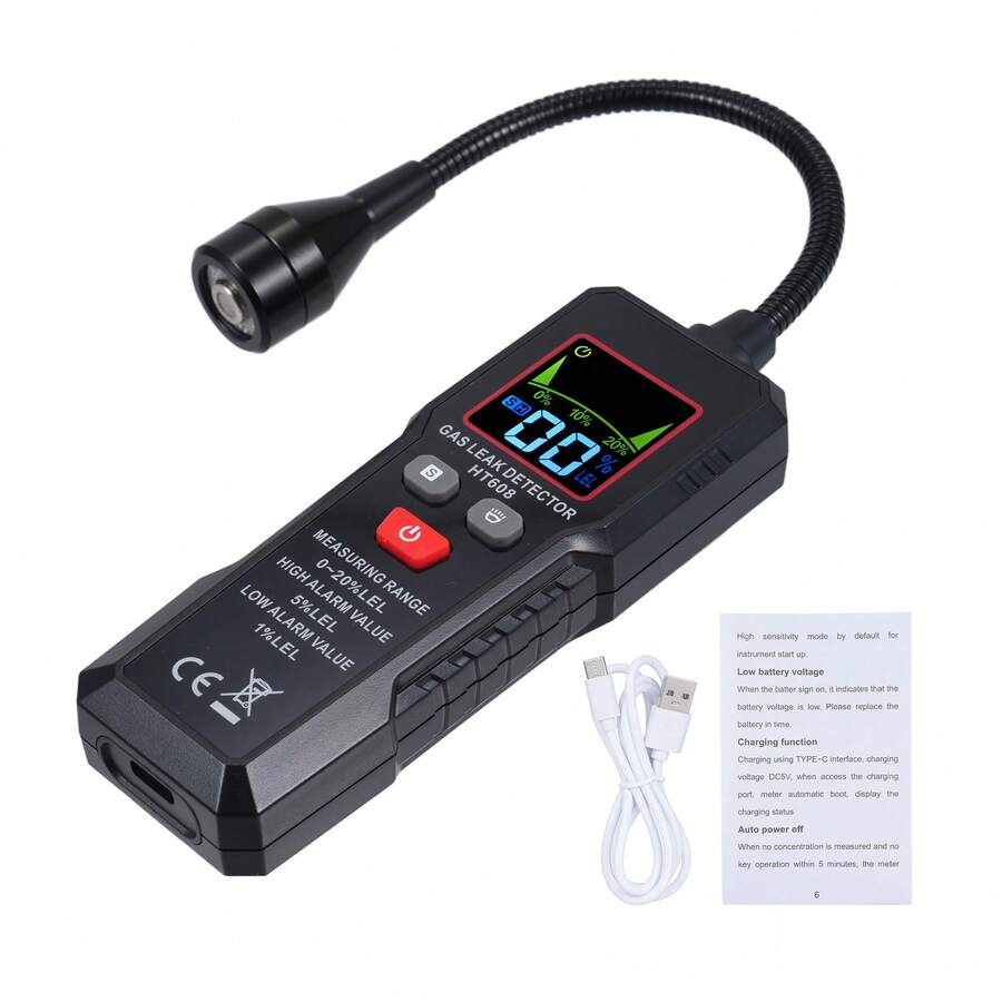 Gas Leak Detector for Gas, Fuel, Methane, N-butane, Ethylene with Flexible Hose Flashlight Acousto-optic Alarm HT608 - Negro - Ver 1
