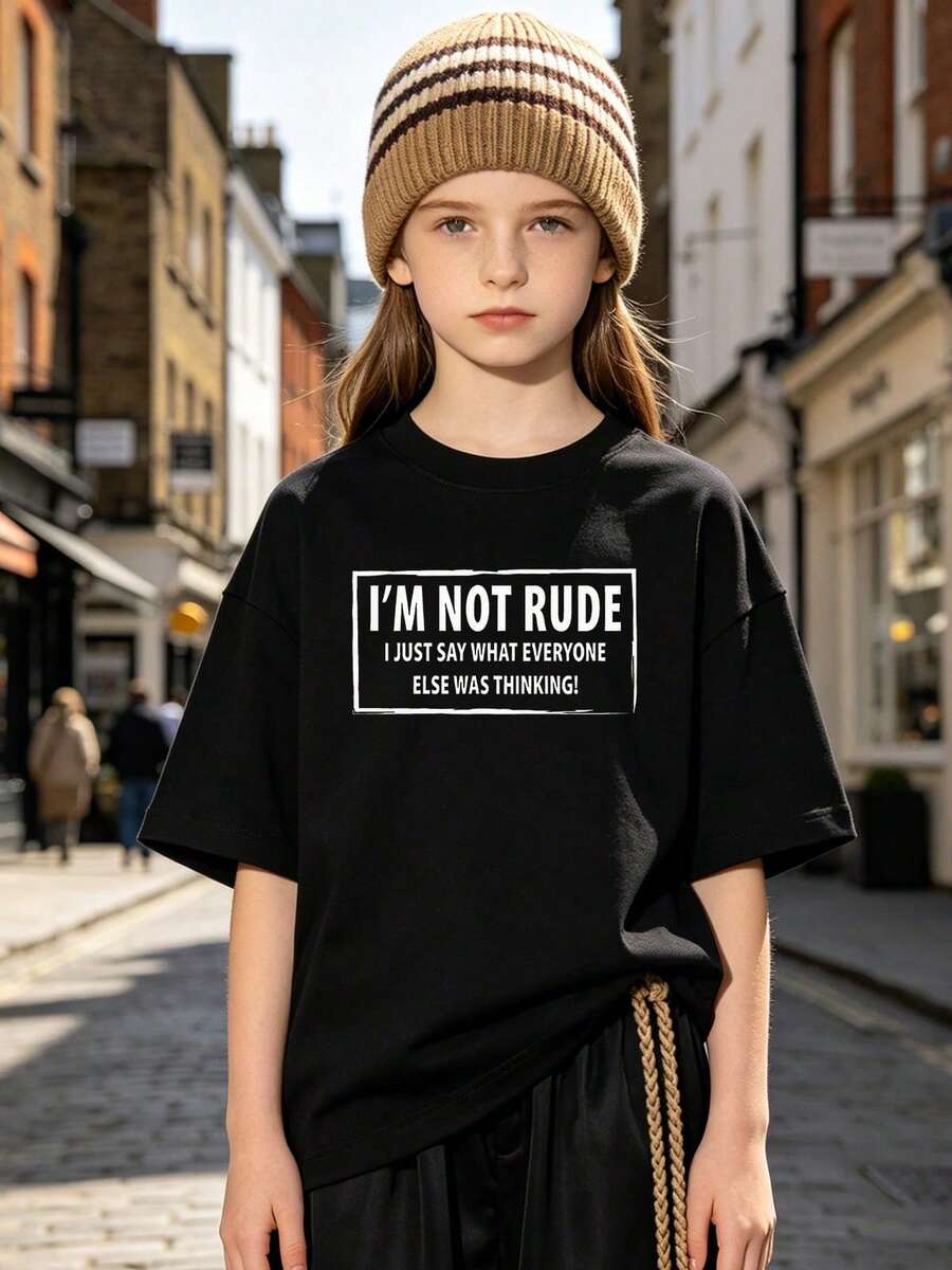 Girls' Casual Short-Sleeved, Round-Neck T-Shirt, Soft Fabric With A Retro Movie Design, Ideal For Spring And Summer. Black - 黑色 - 查看 1