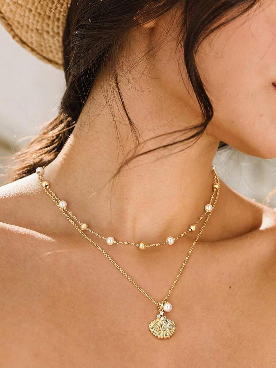 1 Pc Vintage Bohemian Beach Style With Sea Star, Shell, Pearl Necklace With Charms,Suitable For Women, Beach And Resort Wear, Waterproof Jewelry Accessory Gift. - Gold - View 1