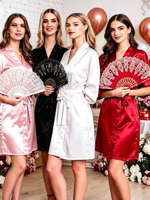 1pc Customized Short Sleeve Satin Bridal Robe, Customizable Text, Customized Bride And Bridesmaid Wedding Robe, Personalized Satin Robe, Customized Bridal Robe, Bridesmaid Getting Ready Robe, Wedding Party Robe, Lace Trim Robe, Customized Name Robe, Bridal Robe Gift, Bridal Party Gift, Silky Loungewear, Simple, Fun, Customized, Unique, Matching Bridesmaid Robe Silky Loungewear Special Bridal Gift, Best Friend, Girlfriend, Fashion Autumn - Multicolor - View 3