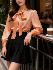 Camisa casual de manga larga de satén blanco elegante para mujer, blusa versátil y elegante con detalle de cuello con lazo, unicolor adecuado para todas las estaciones, lavable a máquina y n - Naranja Coral - Ver 4