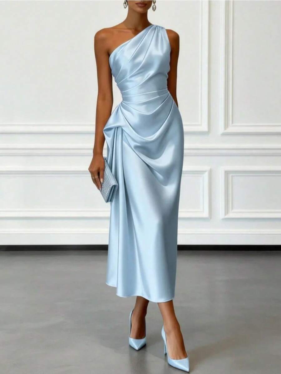 Elegant Satin Pleated Figure-Hugging Evening Gown For Women Chic And Premium V-Neck Midi Dress - Xanh da trời - Xem 1