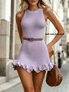 Women's Fitted Sleeveless Sweater Dress With Ruffled Hem - Mauve Purple - View 1