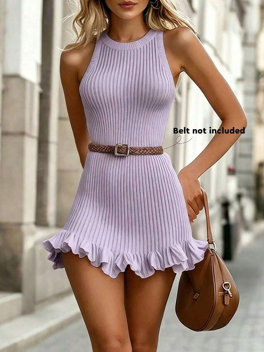 Women's Fitted Sleeveless Sweater Dress With Ruffled Hem - Mauve Purple - View 1