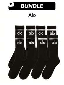 Alo Yoga 4 Pairs Of Mid-Calf Retro Socks And A Retro Sock Set, Breathable, Quick-Drying, Sweat-Absorbing, Soft, Elastic, Multi-Functional, Suitable For Sports And Daily Use, Black, A0480U-BLACK + A0357U-BLACK - 黑色*2-黑色*2 - 查看 1
