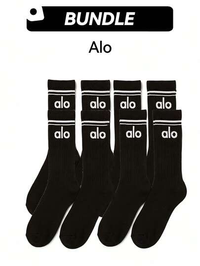 Alo Yoga 4 Pairs Of Mid-Calf Retro Socks And A Retro Sock Set, Breathable, Quick-Drying, Sweat-Absorbing, Soft, Elastic, Multi-Functional, Suitable For Sports And Daily Use, Black, A0480U-BLACK + A0357U-BLACK