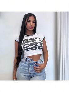 Top corto de mujer Bad Girls, camiseta de algodón de manga corta para estilo casual, camiseta ajustada de cuello redondo. - Blanco - Ver 2