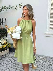 LUNE Vestido casual de mujer con textura de jacquard con cuello halter - Verde - Ver 3
